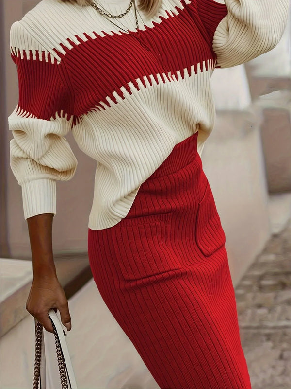 Two-Tone Ribbed Knit Top and Skirt Sweater Set Red - Fashorio