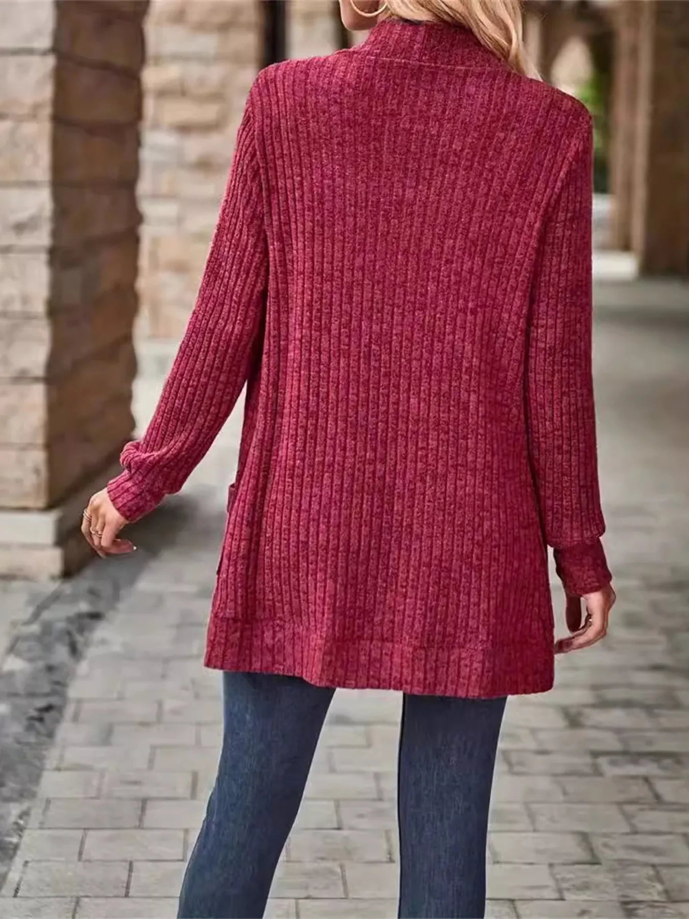 Ribbed Open Front Long Cardigan with Pockets - Fashorio
