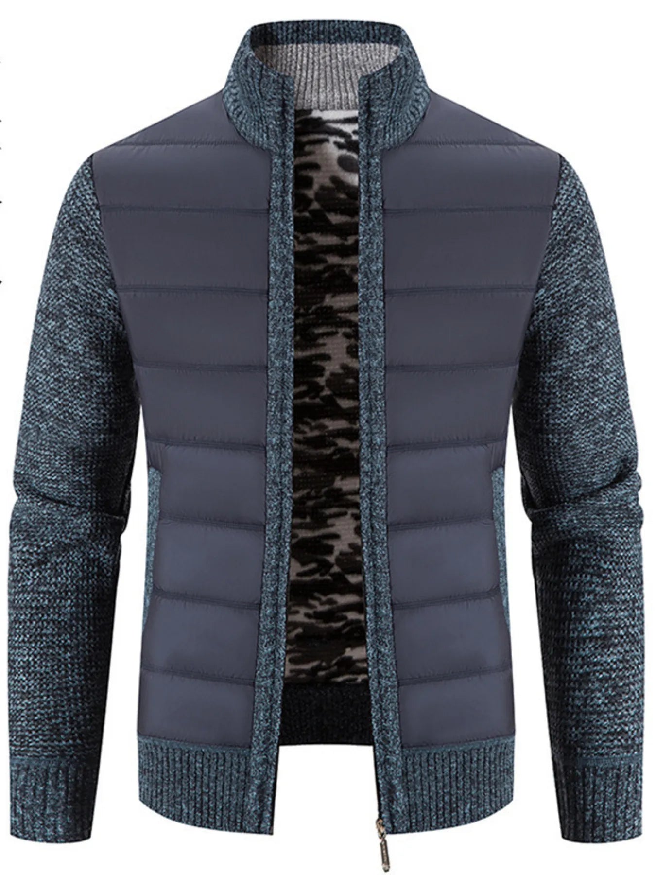 Men's Plus Size Quilted Knit Bomber Jacket with Stand Collar Air Force Blue - Fashorio