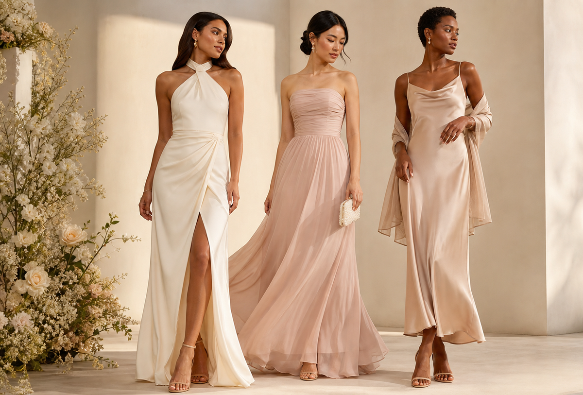Three women model elegant floor-length dresses in a sunlit architectural setting with flowers and water in the background. The dresses are in warm neutral tones: one off-white halter gown, one blush pink strapless gown, and one champagne beige draped gown with matching gloves.
