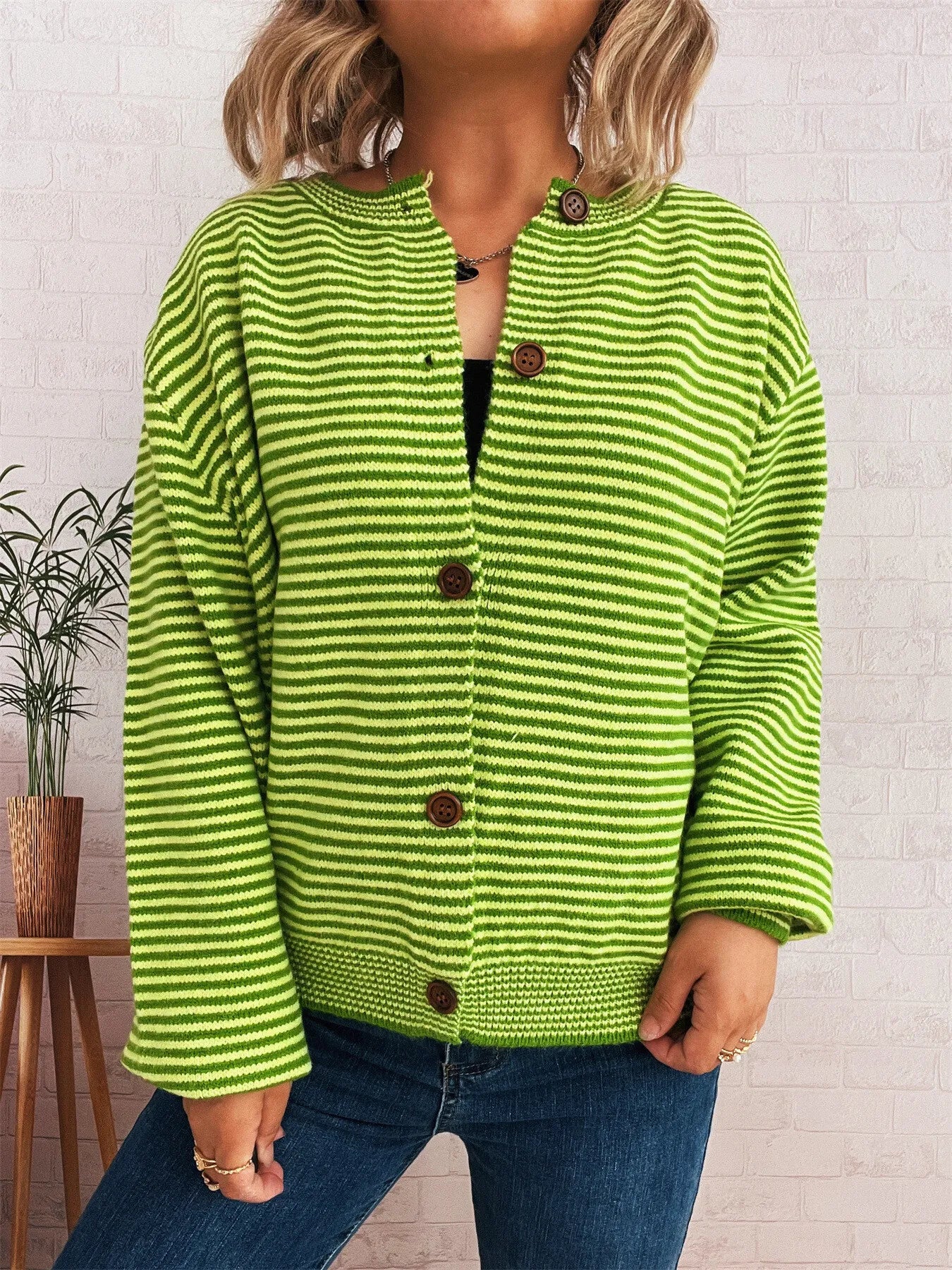 Striped Button Up Long Sleeve Cardigan - Fashorio