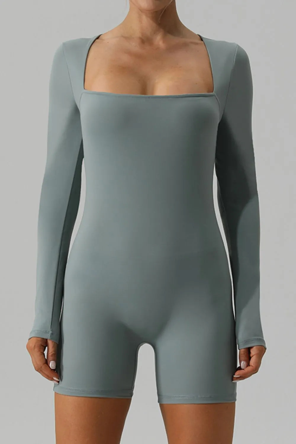Square Neck Long Sleeve Active Romper - Fashorio