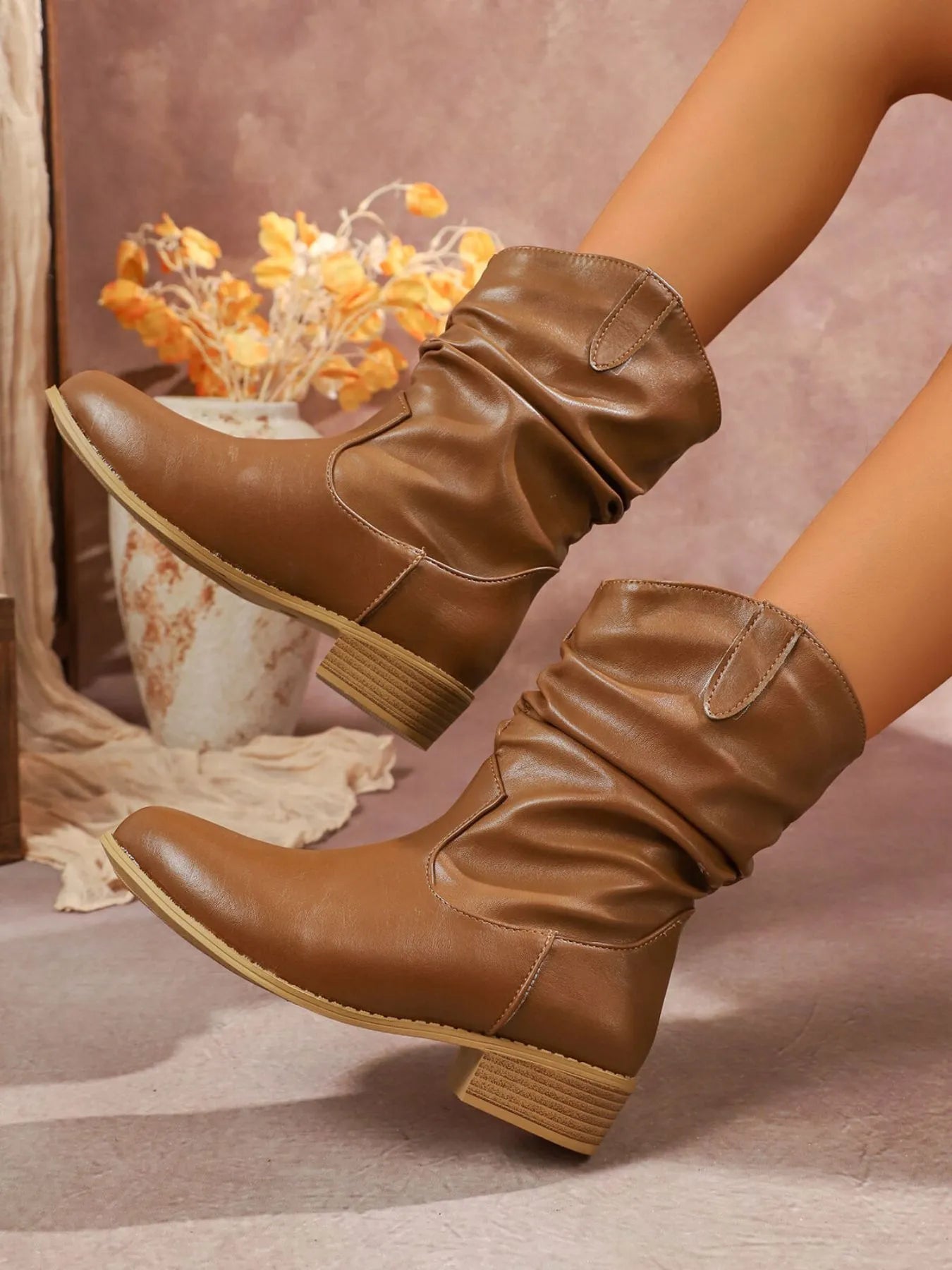 Mid-Calf Western Boots with Block Heels Tan - Fashorio