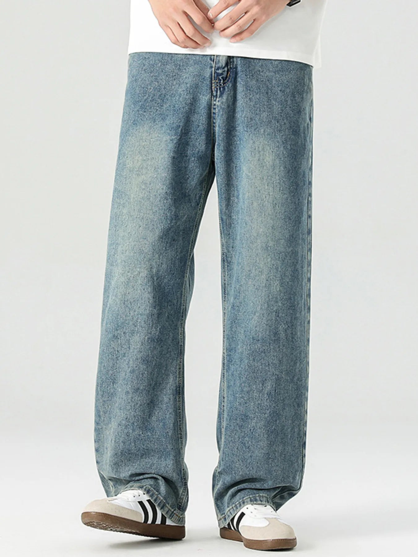 Men's High Waist Washed Wide Leg Jeans Blue - Fashorio