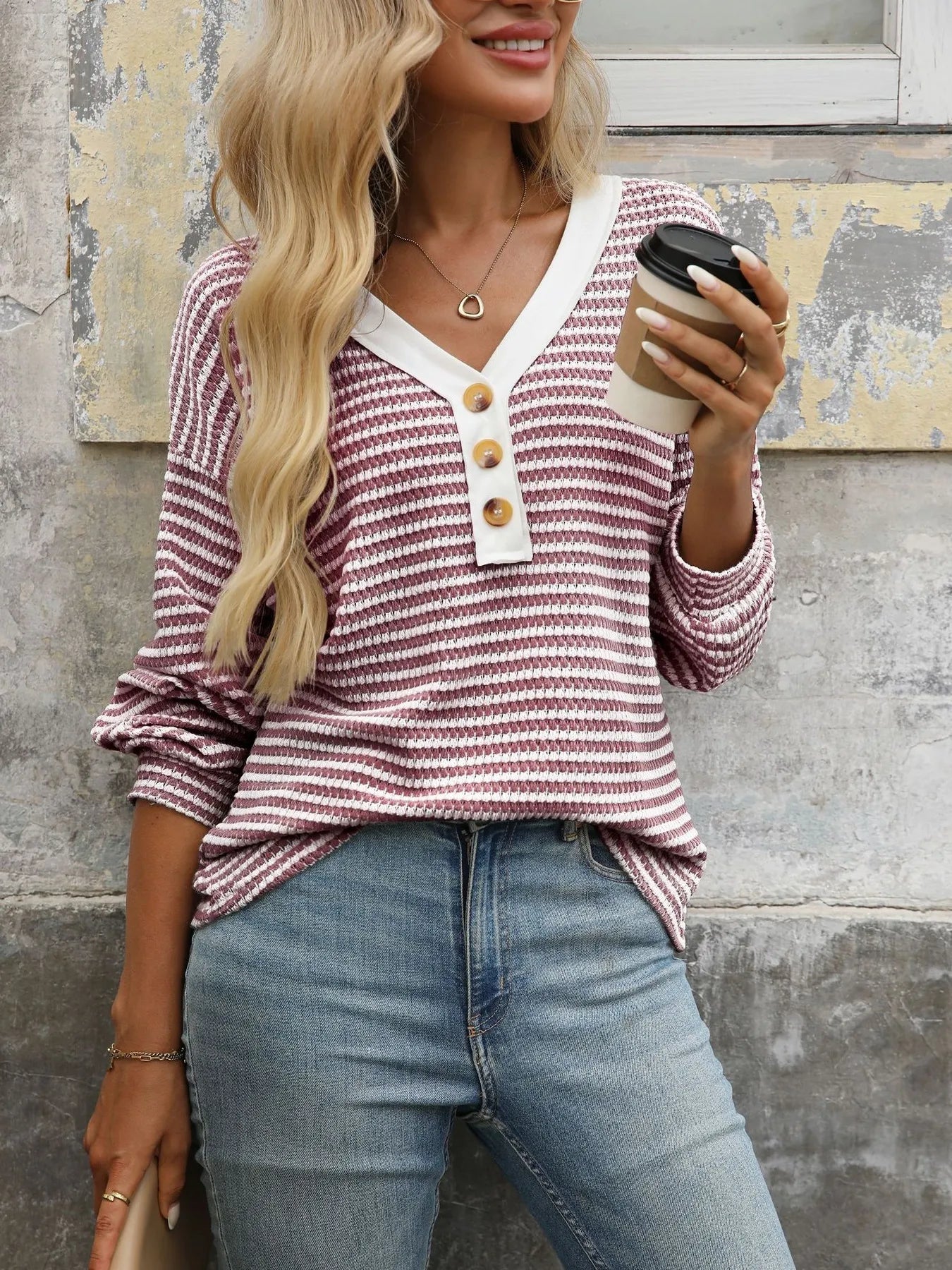 Striped V-Neck Button Front Casual Top - Fashorio