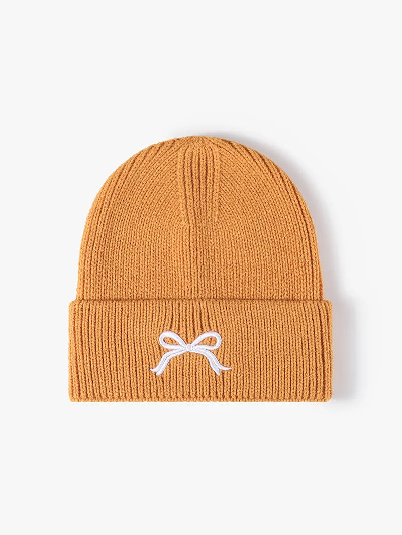 Embroidered Bow Knit Hat Tangerine One Size - Fashorio