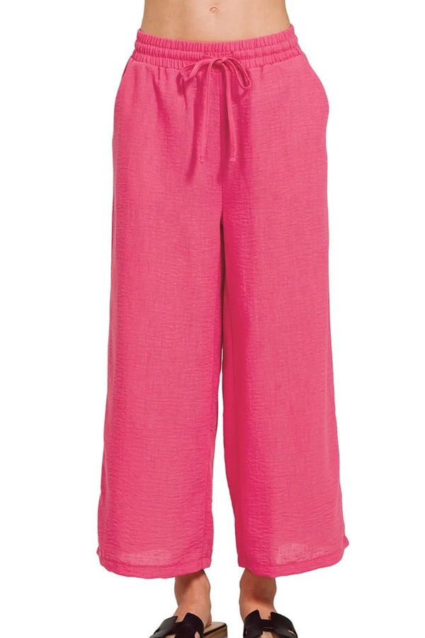 Zenana Woven Crepe Elastic Band Waist Cropped Pants FUCHSIA - Fashorio