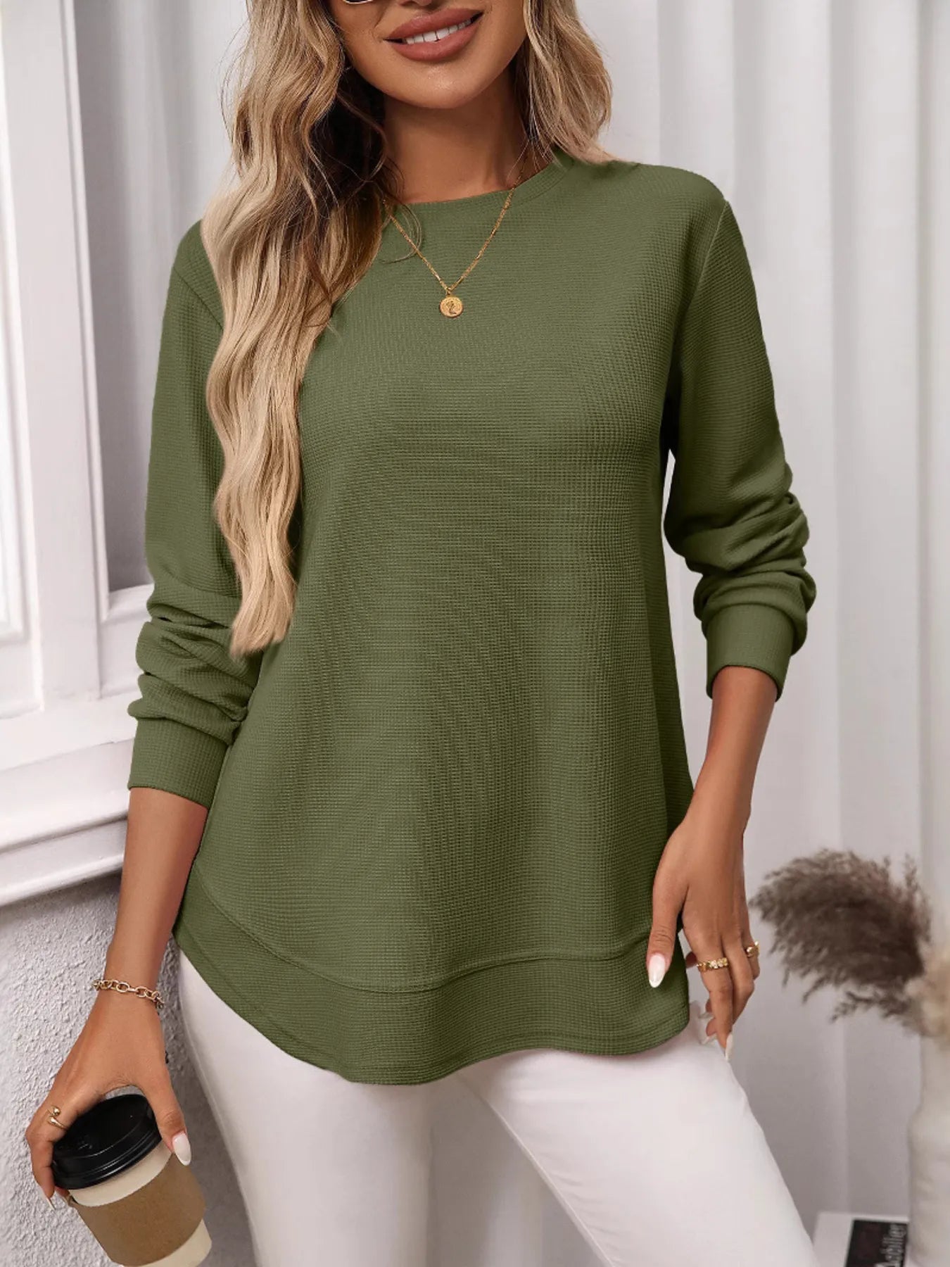 Long Sleeve Round Neck T-Shirt Army Green - Fashorio