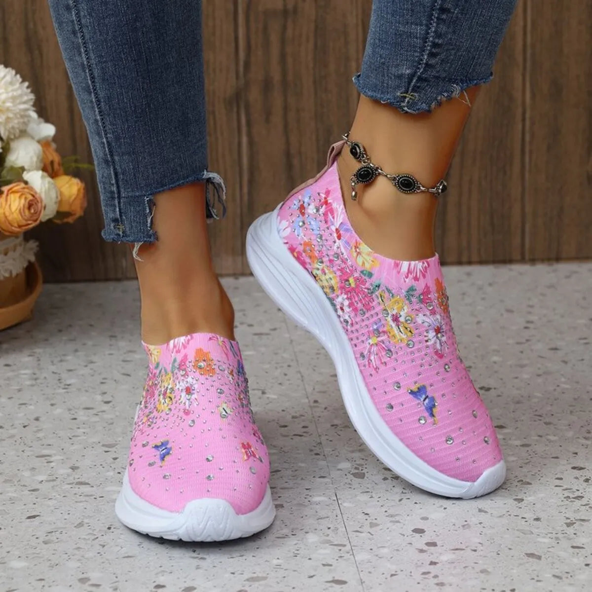 Rhinestone Floral Print Sneakers Pink - Fashorio