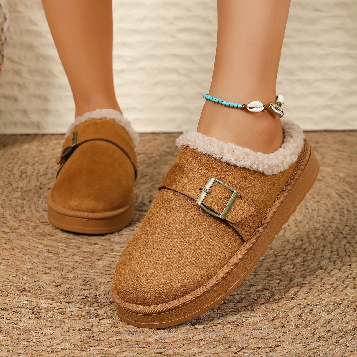 Round Toe Platform Slippers Camel - Fashorio