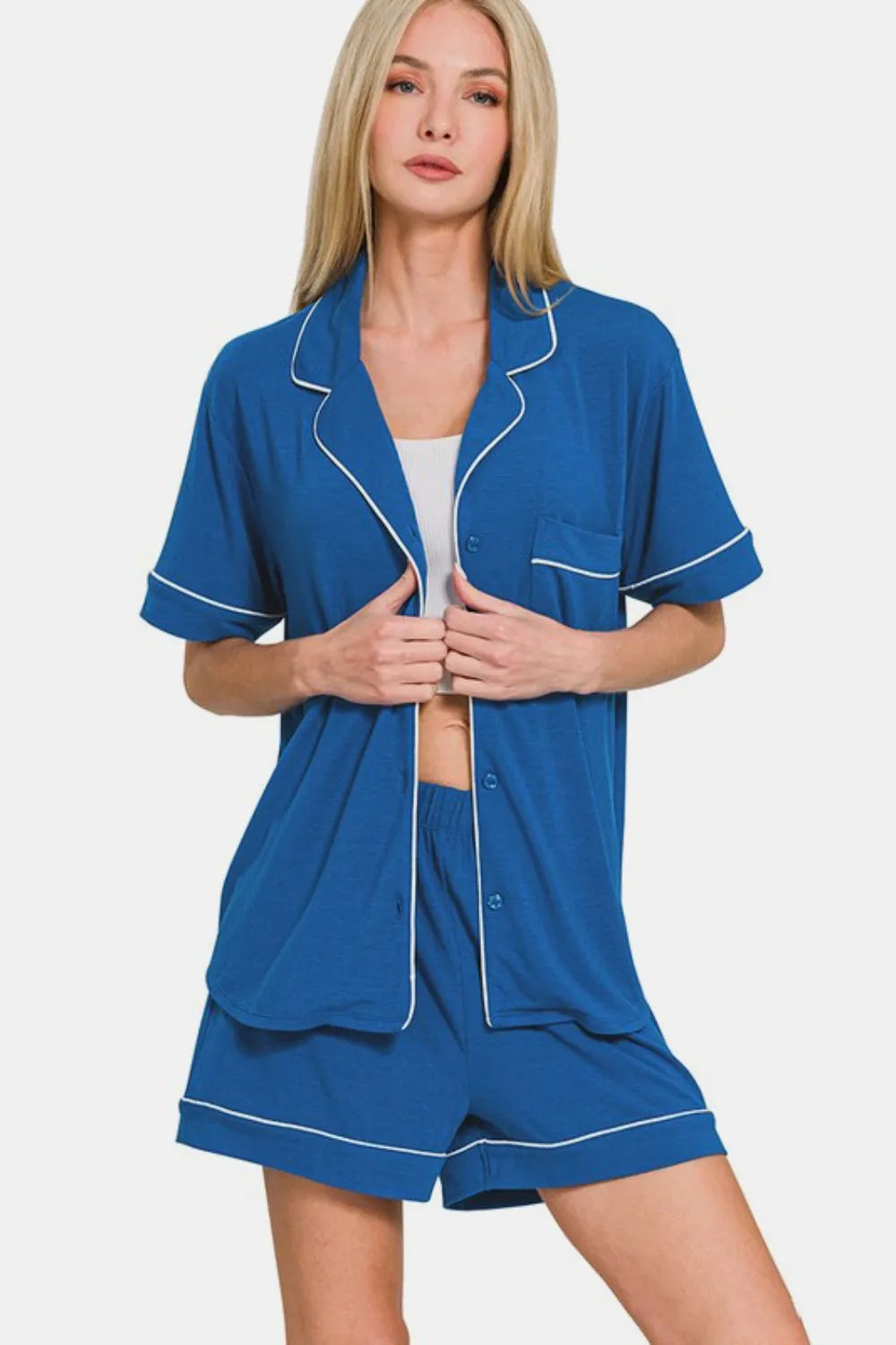 Zenana Button Down Short Sleeve Top and Shorts Lounge Set - Fashorio