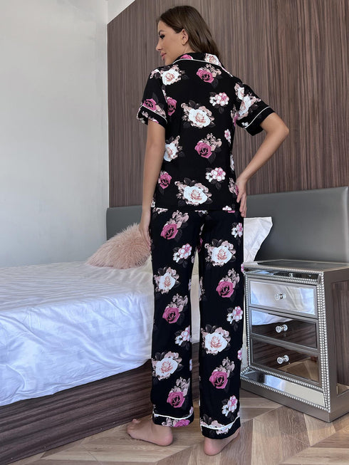 Floral Short Sleeve Shirt and Pants Lounge Set - Fashorio