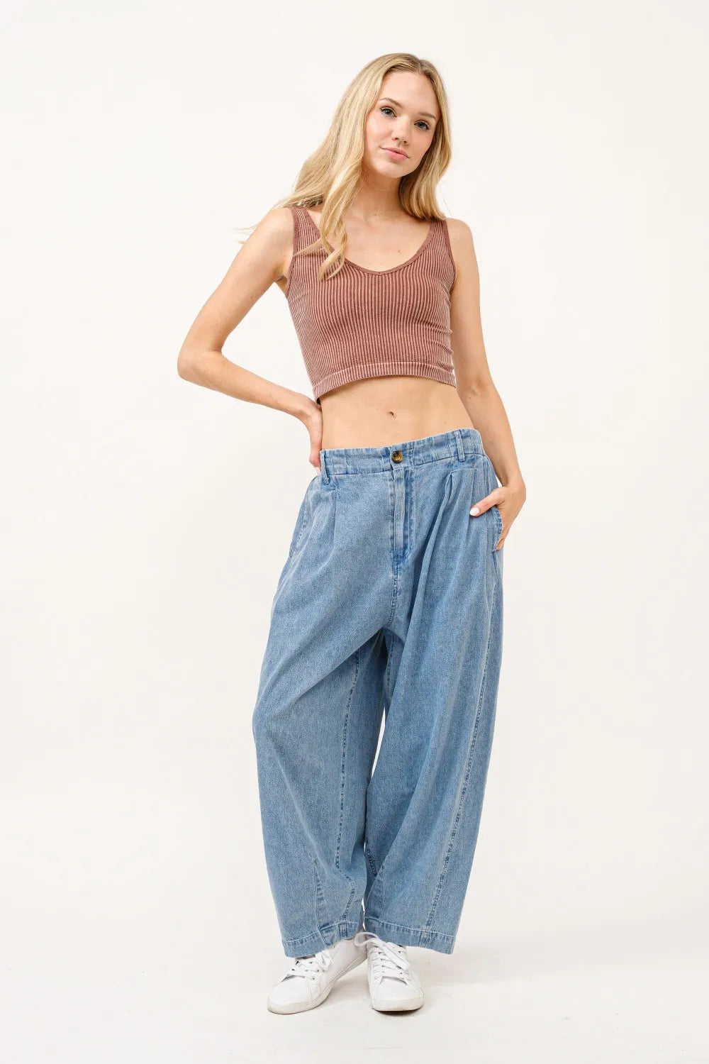 And The Why Elastic Back Pleated Baggy Jeans - Fashorio