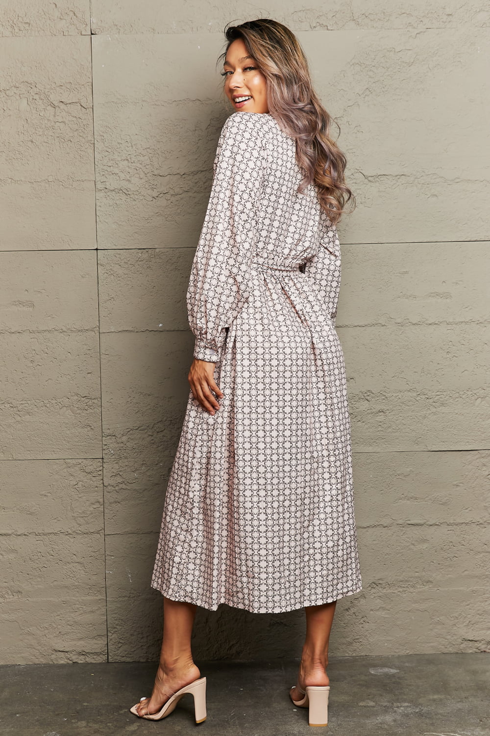 Printed Tie-Waist Long Sleeve Midi Dress – Casual A-Line Style - Fashorio