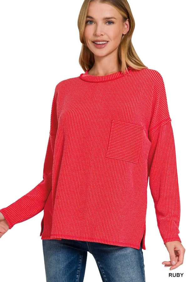 Zenana Long Sleeve Drop Shoulder Rib Top RUBY - Fashorio