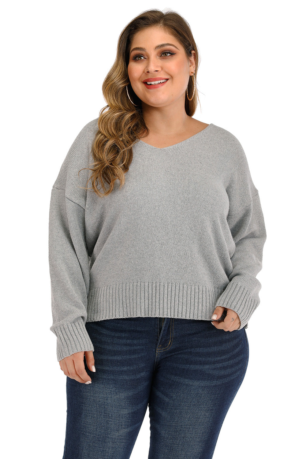Plus Size V Neck Pullover Sweater - Fashorio