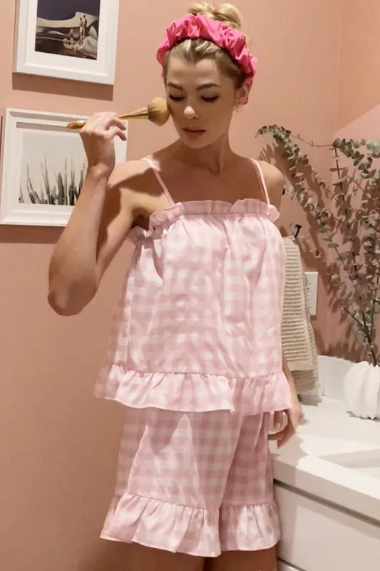 Lime 'N' Chili Gingham Ruffle Trim Cami and Shorts Pajama Set PINK - Fashorio