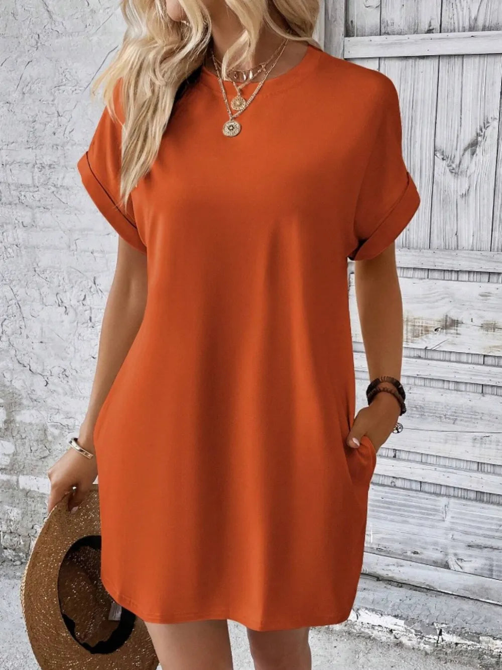 Casual Pocketed Short Sleeve Dress – Relaxed Everyday Comfort Orange Red - Fashorio