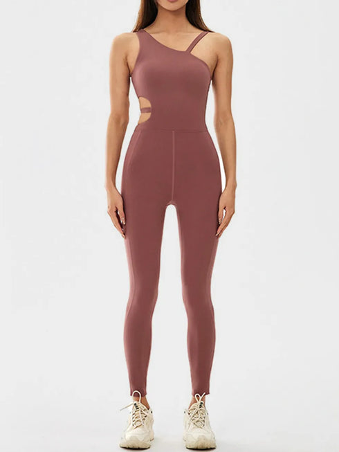 Cutout Asymmetrical Neck Active Jumpsuit Brown - Fashorio