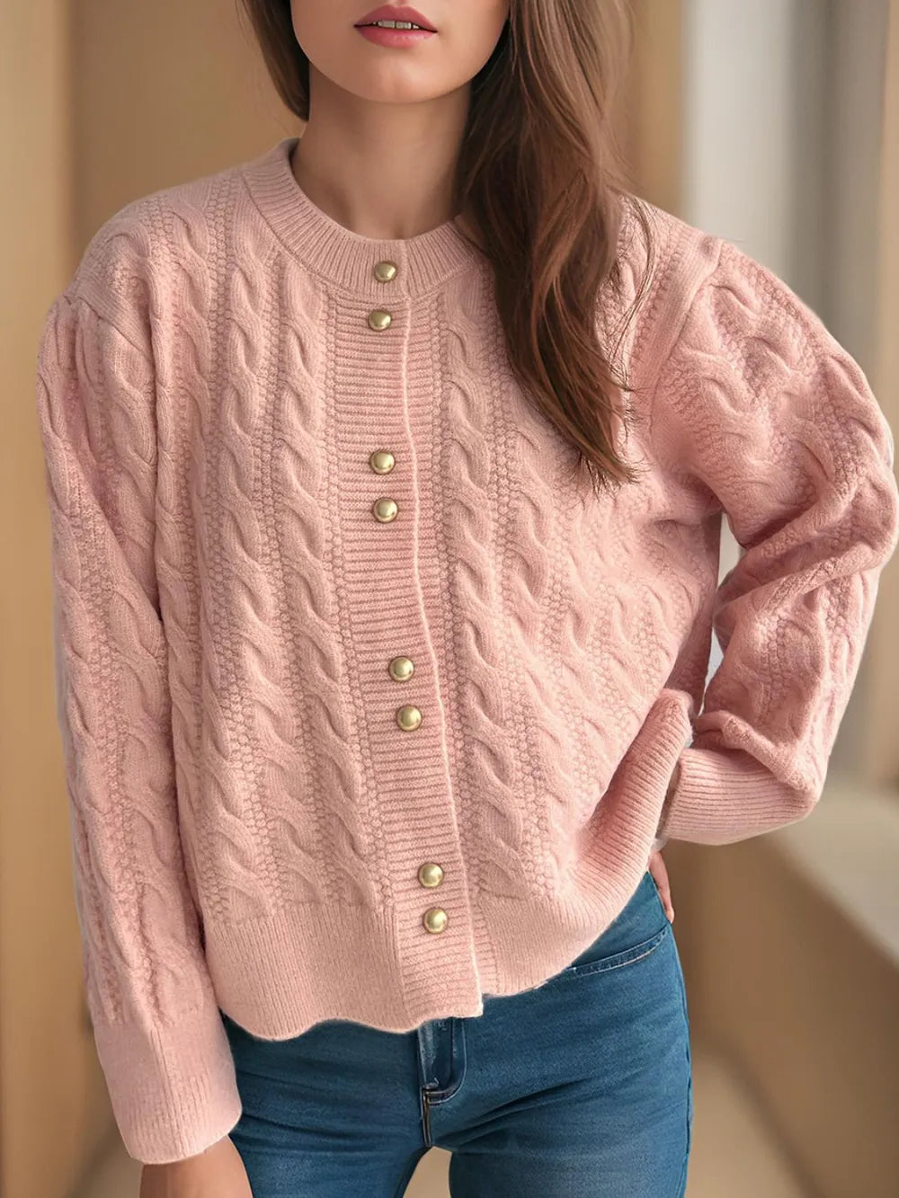 Cable-Knit Round Neck Long Sleeve Cardigan Dusty Pink One Size - Fashorio