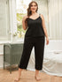 Plus Size Lace Trim Slit Cami and Pants Pajama Set Black - Fashorio