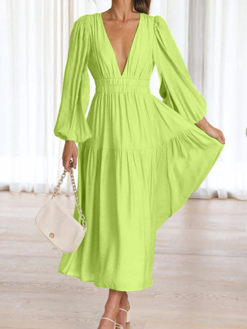 Deep V-Neck Balloon Sleeve Plain Maxi Dress - Fashorio