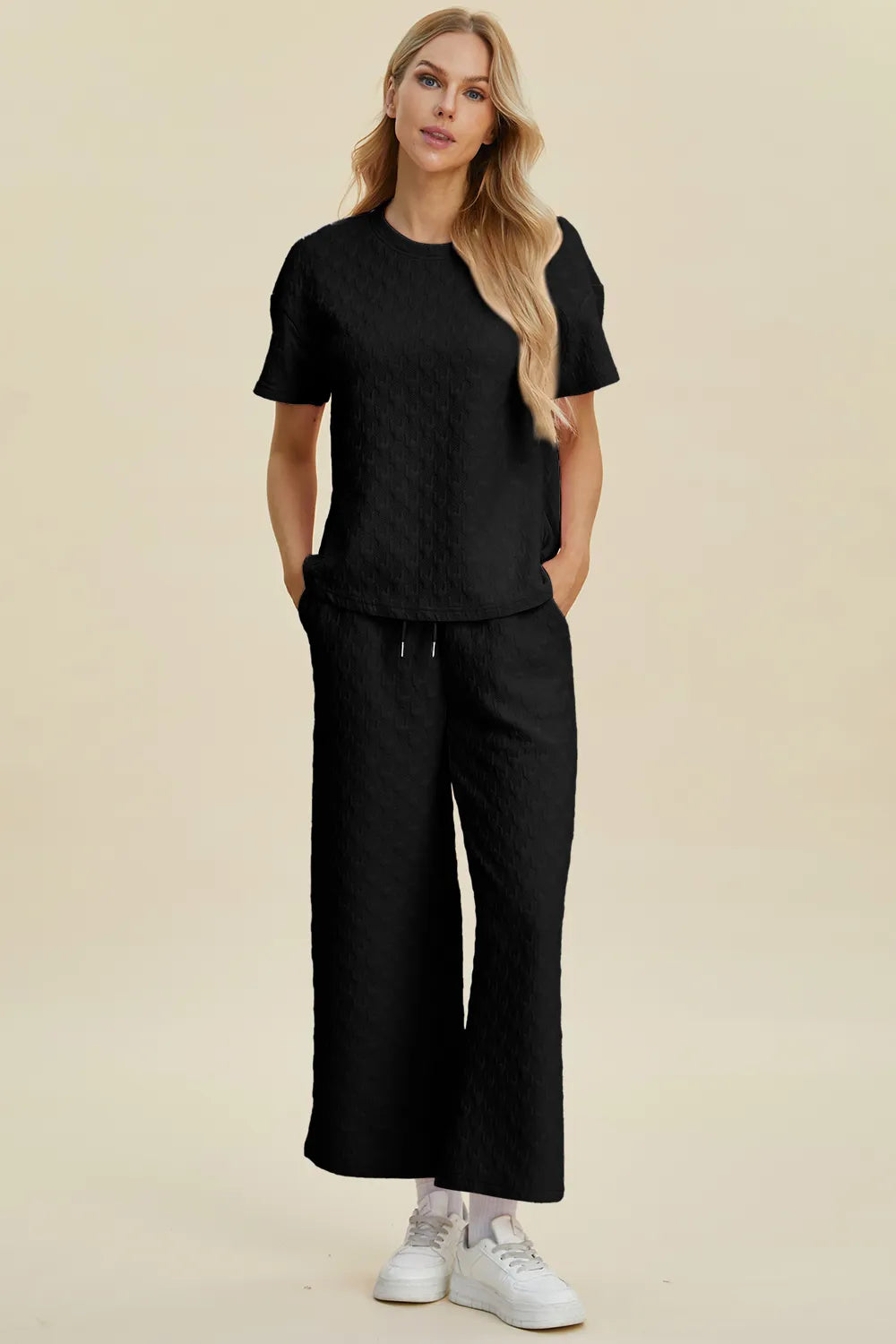 Double Take Full Size Texture Round Neck Short Sleeve Top and Pants Set Black - Fashorio