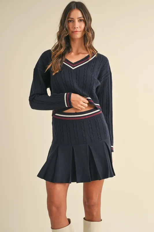 MABLE Cable-Knit Top and Pleated Skirt Sweater Set Dark Navy - Fashorio