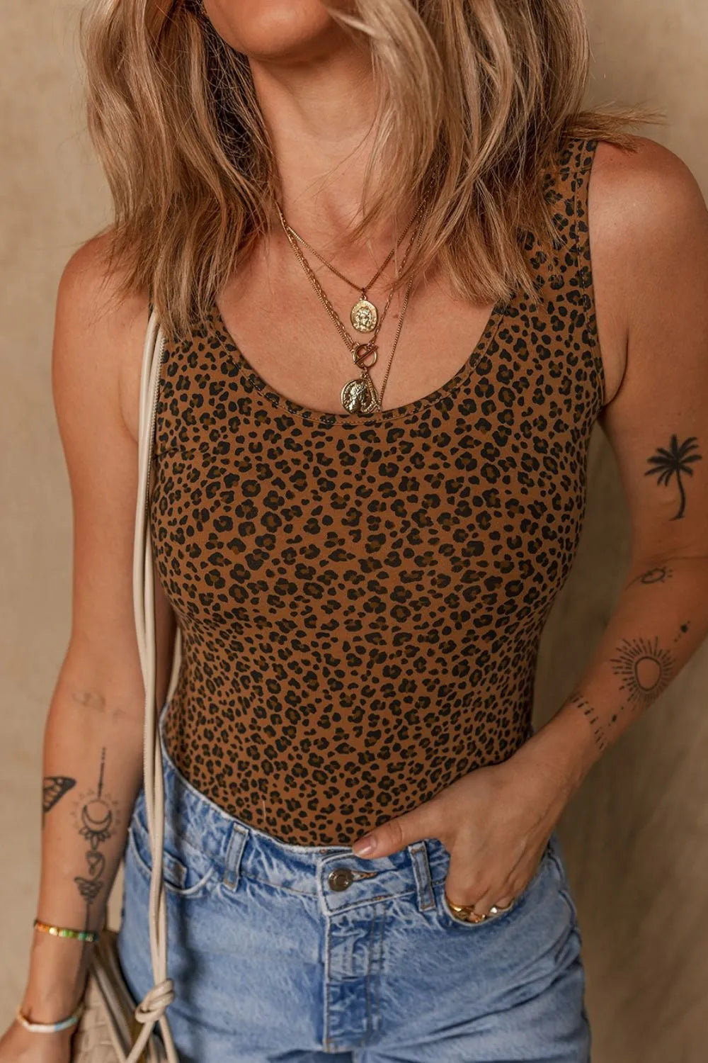 Leopard Scoop Neck Wide Strap Bodysuit - Fashorio