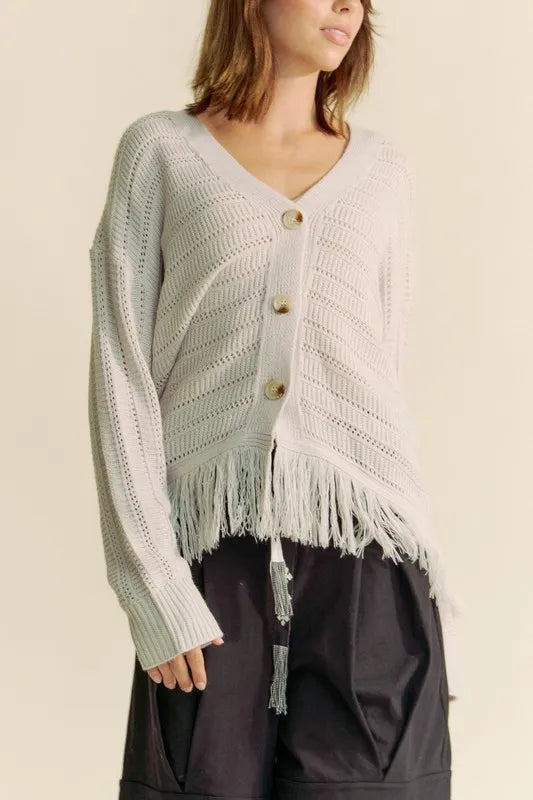 Davi & Dani Fringe V-Neck Button Up Long Sleeve Cardigan - Fashorio