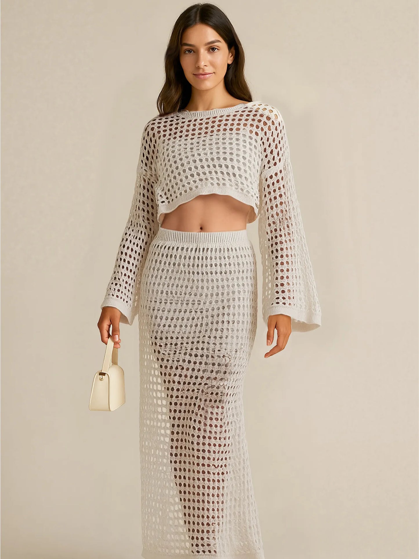 Hollow Out Long Sleeve Top and Skirt Knit Set Apricot - Fashorio