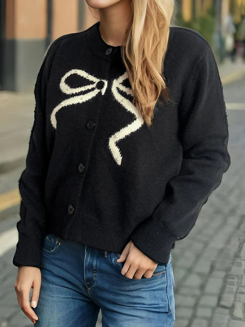 Bow Button Down Round Neck Cardigan - Fashorio