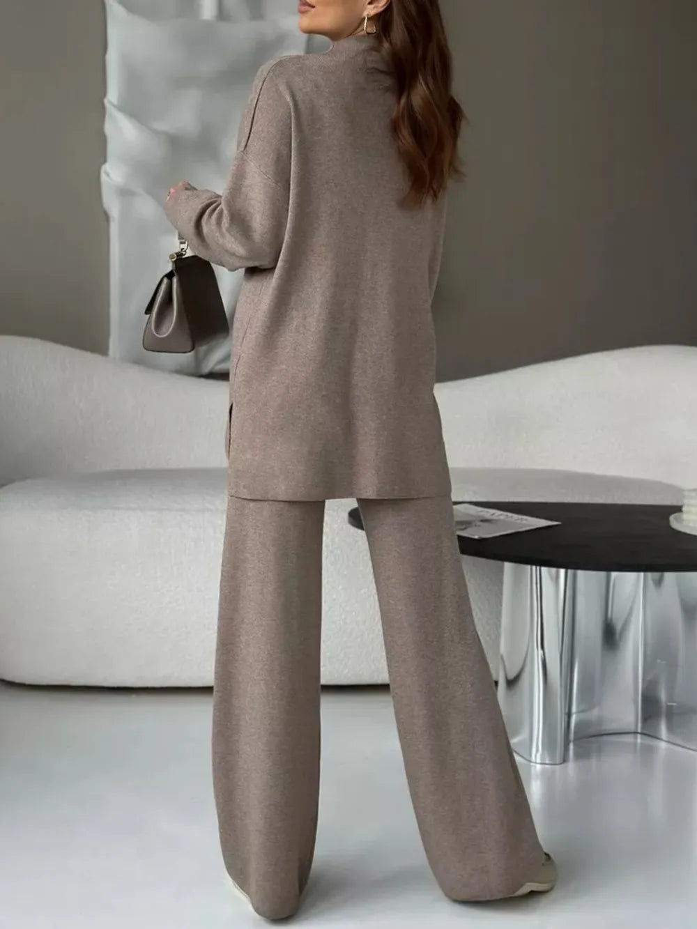 Slit Mock Neck Top and Pants Sweater Set - Fashorio