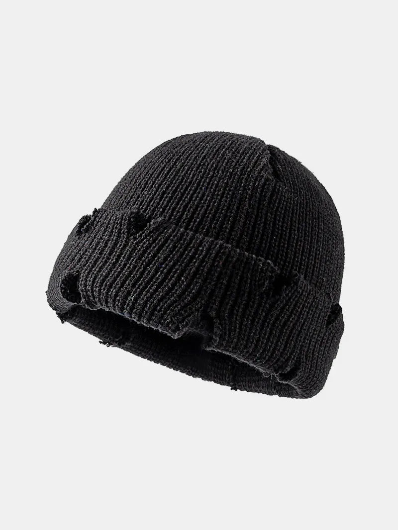 Distressed Cuffed Knit Hat Black One Size - Fashorio