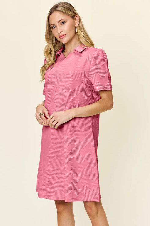 Double Take Full Size Texture Collared Neck Short Sleeve Dress - Fashorio