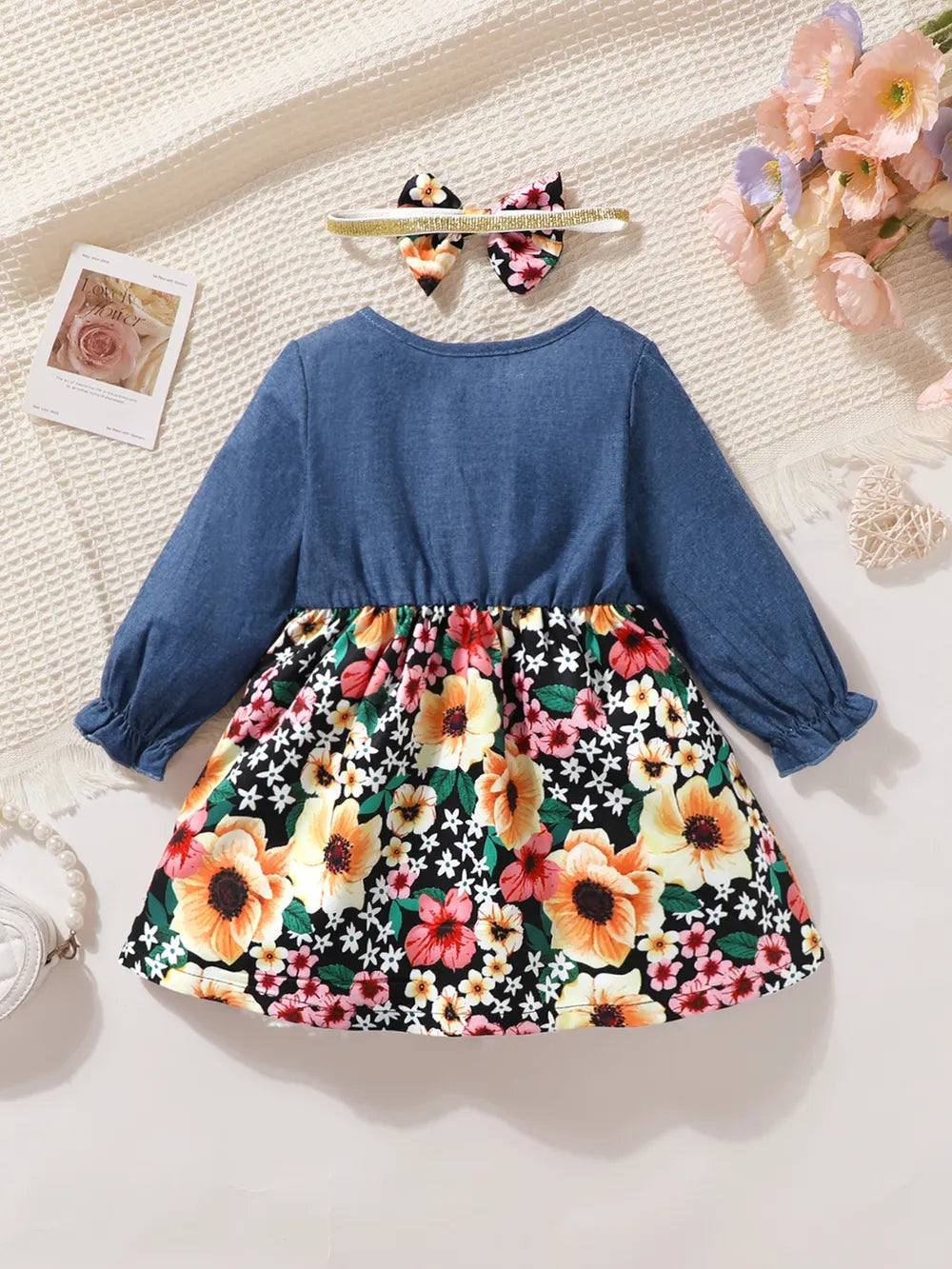 Children's Ruffled Bow Contrast Floral Dress with Headband - Fashorio