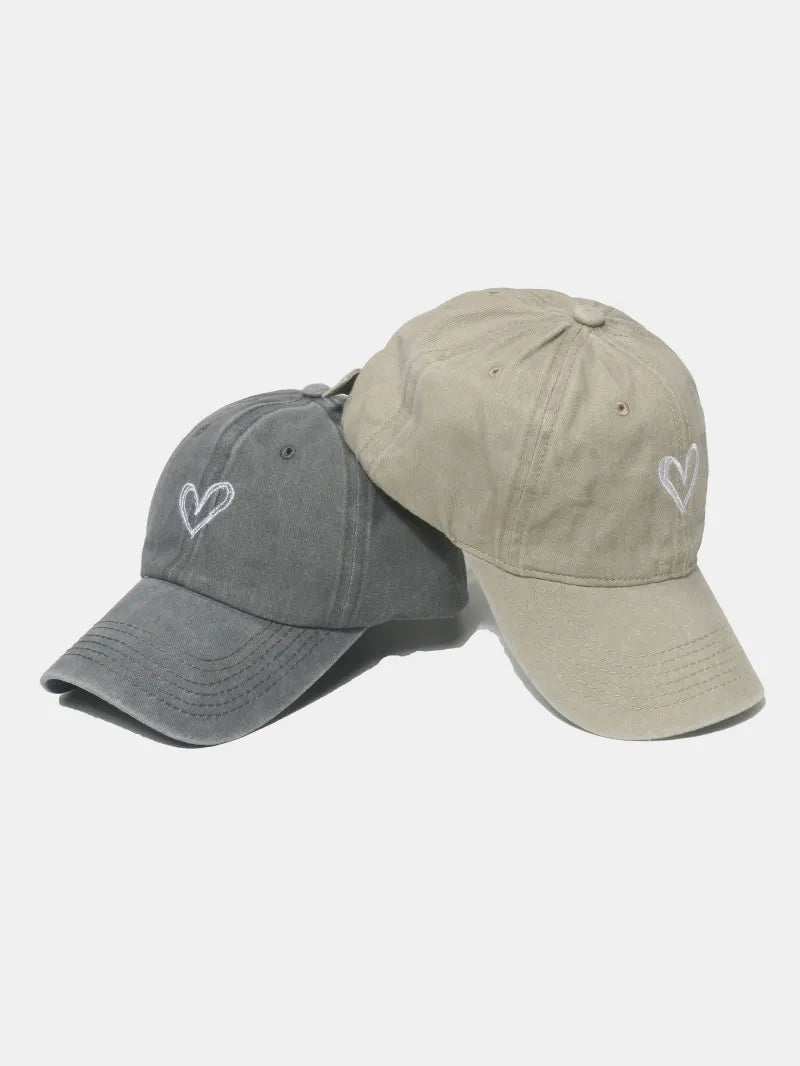 Embroidered Heart Washed Cotton Baseball Cap - Fashorio