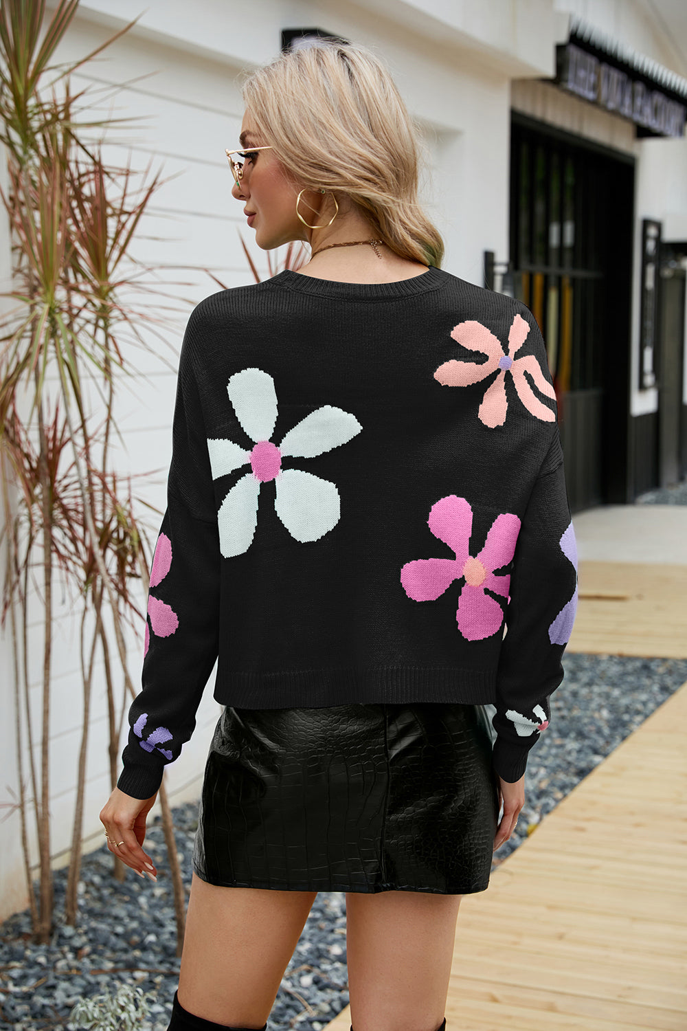 Flower Round Neck Drop Shoulder Sweater - Fashorio