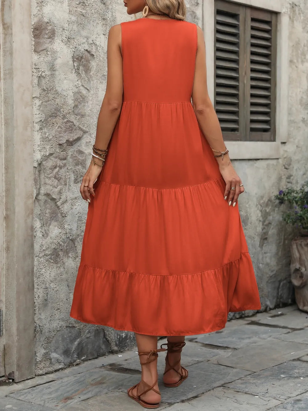 Ivy Lane Decorative Button Notched Sleeveless Dress - Fashorio