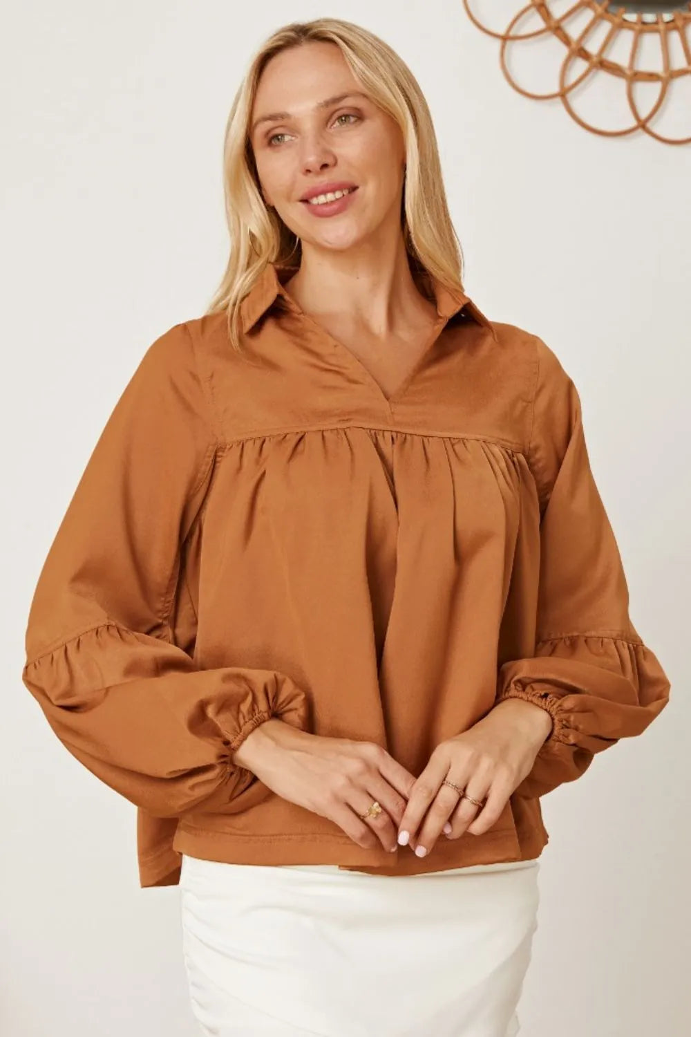 Balloon Sleeve Collared Neck Blouse - Fashorio