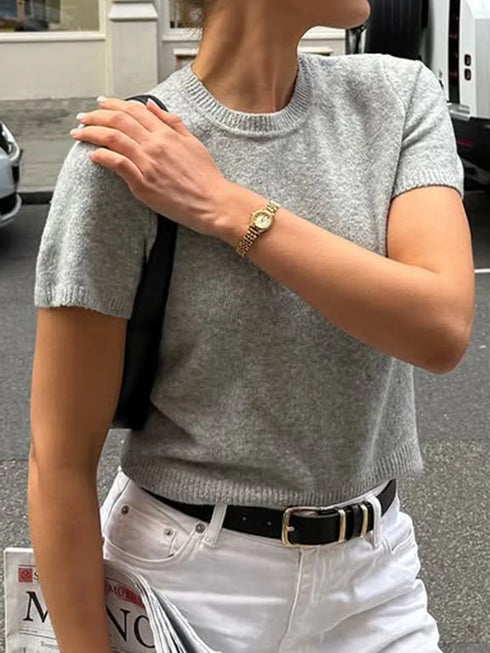 Round Neck Short Sleeve Sweater Dark Gray - Fashorio