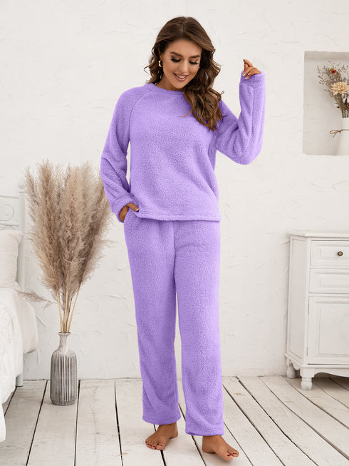 Ivy Lane Teddy Long Sleeve Top and Pants Lounge Set Lavender - Fashorio