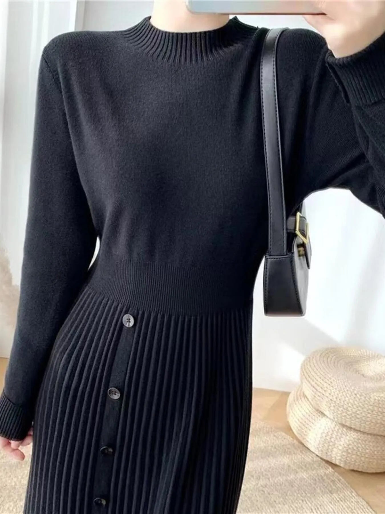 Slit Front Mock Neck Long Sleeve Knit Dress - Fashorio