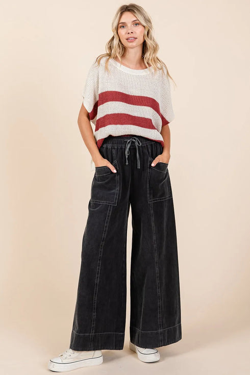 Mittoshop Mineral Wash Wide Leg Elastic Waist Twill Pants - Fashorio