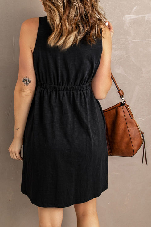 Sleeveless V-Neck Mini Dress with Buttons & Pockets – Chic Casual - Fashorio