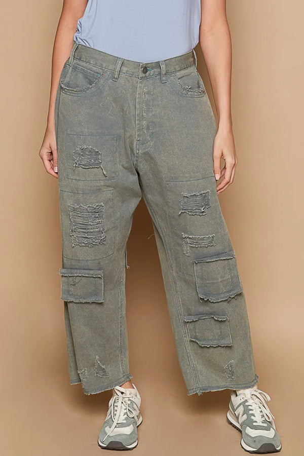 POL Distressed Raw Hem Wide Leg Pants French Blue - Fashorio