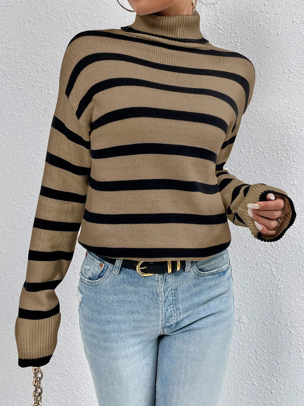 Striped Turtleneck Long Sleeve Sweater - Fashorio