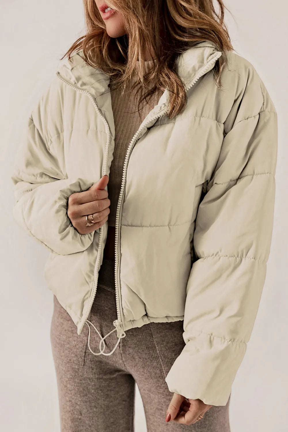 Zip Up Collared Neck Long Sleeve Winter Coat Cream - Fashorio