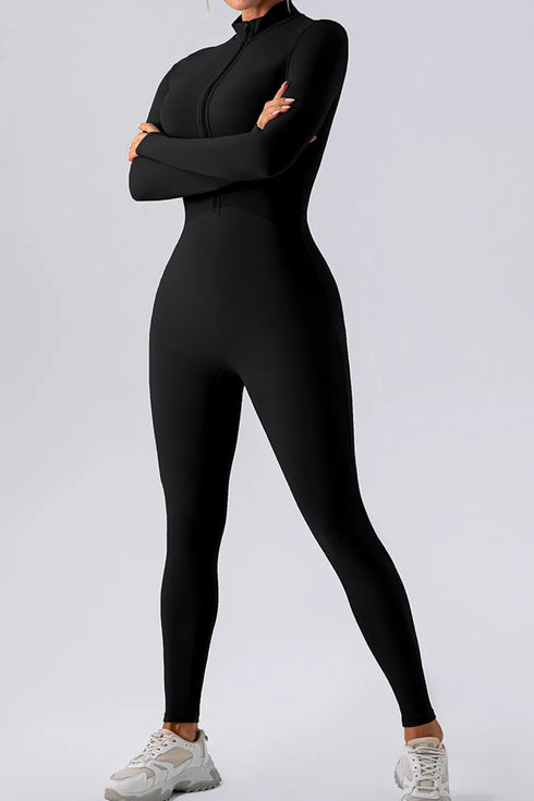 Half Zip Mock Neck Active Jumpsuit Black - Fashorio