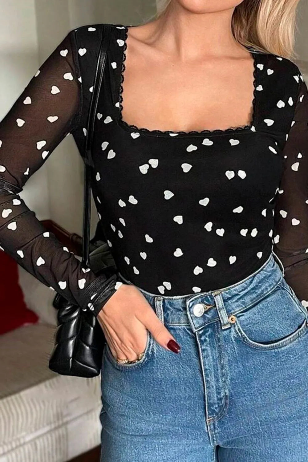 Heart Square Neck Long Sleeve Bodysuit - Fashorio